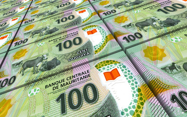 Mauritanian ouguiya bills stacks background. 3D illustration. - obrazy, fototapety, plakaty