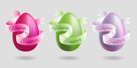 Easter - set of 3 bright color eggs with color ribbons