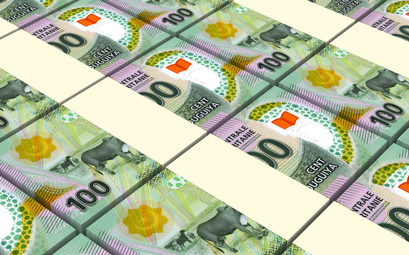 Mauritanian ouguiya bills stacks background. 3D illustration.