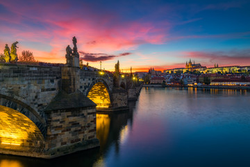 Fototapeta na wymiar Famous iconic image of Charles bridge at sunset in spring, Prague, Czech Republic. Concept of world travel, sightseeing and tourism.