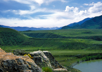 Grassy and stone plateau along Katun river in Altai mountains, Russia