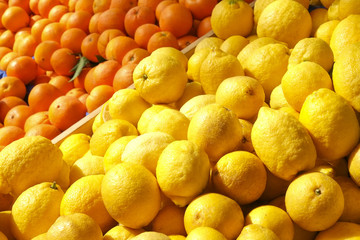 Spring summer detox fruit vegetable diet. Close up of harvest pile. Supermarket stand of clean and shiny vegetables / fruits assortment. Healthy eating concept.