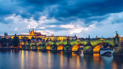 Famous iconic image of Charles bridge, Prague, Czech Republic. Concept of world travel, sightseeing and tourism.