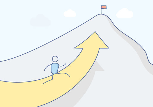Cartoon stickman character climbing the mountain towards its peak where a flag stands symbolizing success. Vector concept illustration design in eps10