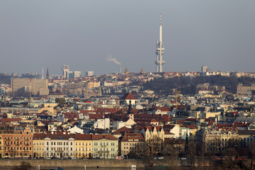 Fototapeta premium Sunny frosty winter Prague City with its Cathedrals, historical Buildings and Towers, Czech Republic