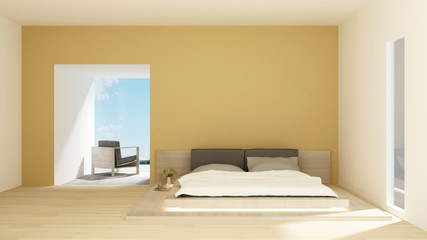 Fototapeta na wymiar Bedroom and living area in hotel or condominium on sunshine day - Bedroom and sea view in apartment or hotel simple design - 3D Rendering