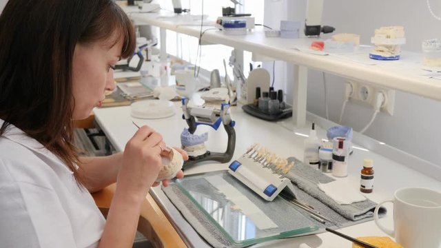 dental technician is applying ceramics with brush on teeth implants on workplace with tools and equipment in light workroom at job