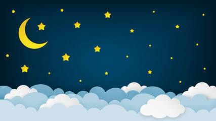 Obraz na płótnie Canvas Crescent moon, stars, and clouds on the midnight sky background. Night sky scenery background. Paper art style. Vector Illustration.