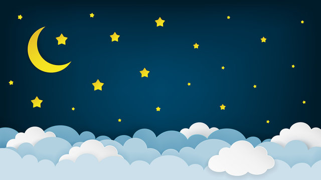 Crescent moon, stars, and clouds on the midnight sky background. Night sky scenery background. Paper art style. Vector Illustration.