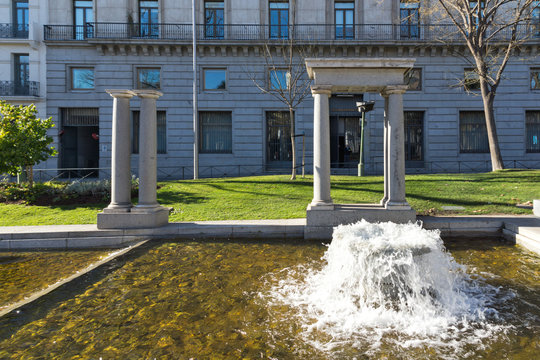 Fountain at Paseo de la Castellana street in City of Madrid, Spain