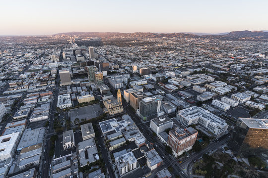 Early morning aerial view down Wilshire Blvd in the Koreatown area of Los Angeles California.