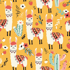 White Llama seamless pattern with lovely llamas, flowers and cacti in vector.
