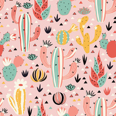 Pink Desert seamless pattern in vector. Lovely flowers, cacti and triangles on pink background.