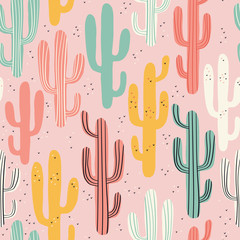 Długie wielokolorowe kaktusy na różowym tle. Bezszwowy wzór z uroczym kaktusem w wektorze. - 195415635