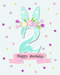 Vector illustration with number Two, Bunny ears and floral wreath. Template for Birthday, party invitation, greeting card, pet shop. Cute Number Two as Second year anniversary logo, patch, sticker