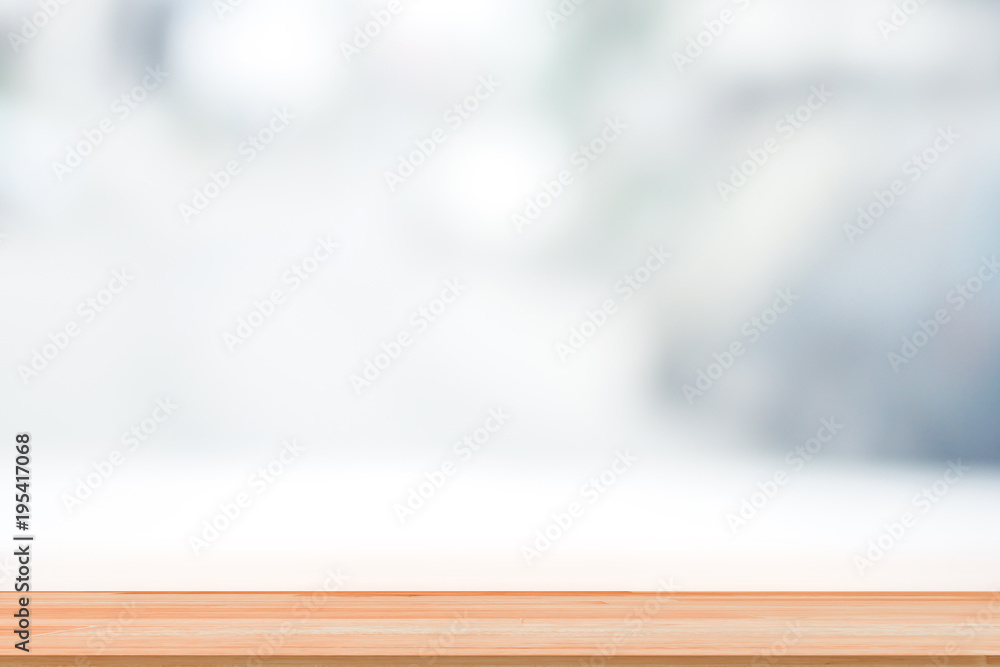 Aufkleber Wooden table top on abstract blur white background for backdrop design
