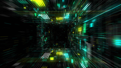 Futuristic HUD tunnel. Display screens for tech titles and background, news headline business intro. Motion graphic for abstract data center, server, internet, speed. 3D render