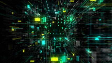 Fototapeta premium Futuristic HUD tunnel. Display screens for tech titles and background, news headline business intro. Motion graphic for abstract data center, server, internet, speed. 3D render