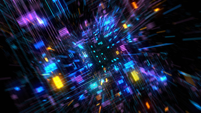 Flight into Abstract 3D cosmic futuristic HUD tunnel for music videos, night clubs, audiovisual show and performance, LED screens and projection mapping. 3D render