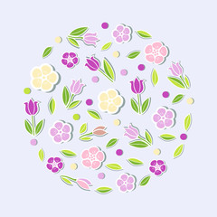 Circle concept with pink flowers isolated on blue background. Design element for party invitation, greeting card, postcard, girl birthday, Mother's Day, Woman's Day, Warm Season Card, flower shop.
