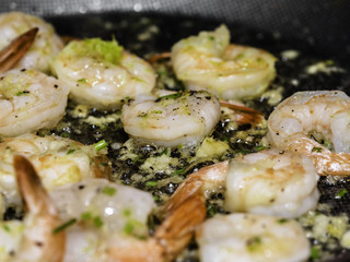 process of preparation of a salad with a cucumber and shrimps