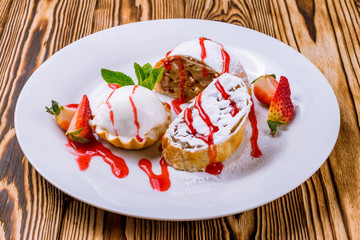 Apple strudel with ice cream