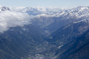 Panoramic view of the valley in Chamonix with beautiful mountain peaks