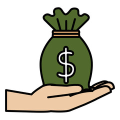 hand with money bag isolated icon
