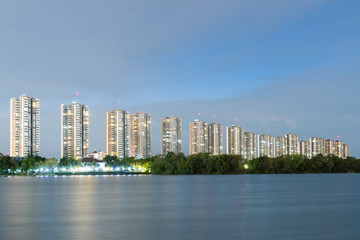 Condo building in twilight.