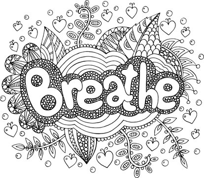 Coloring page for adults with mandala and breathe word. Doodle lettering ink outline artwork. Vector illustration