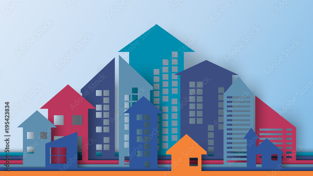 Poster business concept of paper art style.cityscape building with arrows shape look like growing graph and