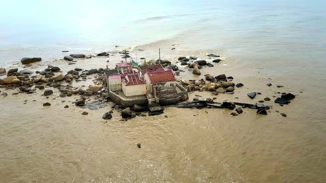 Old Temple on Small Island Washed by Yellow Sea Upper View