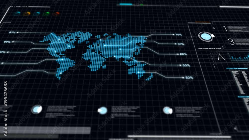 Poster ui user interface dark blue background with world map graph bar pi and hud element for cyber technol