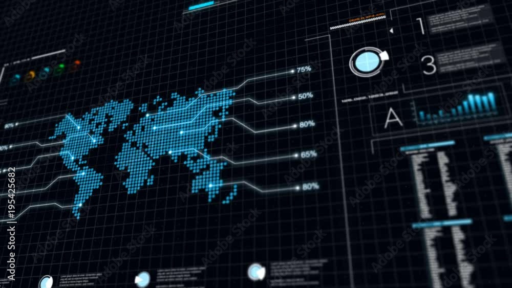 Poster ui user interface dark blue background with world map graph bar pi and hud element for cyber technol
