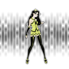 Cute anime cartoon female chatacter with long dark hair wearing lyellow fancy dress