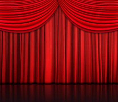 Red curtain with reflection on floor - background, Interior template for product display