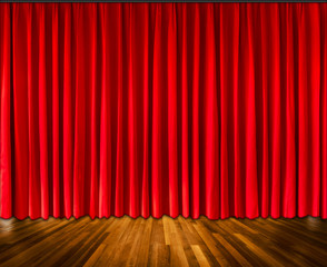 Background with red curtain and wooden floor interior background, Interior template for product display, interior theater, interior stage background