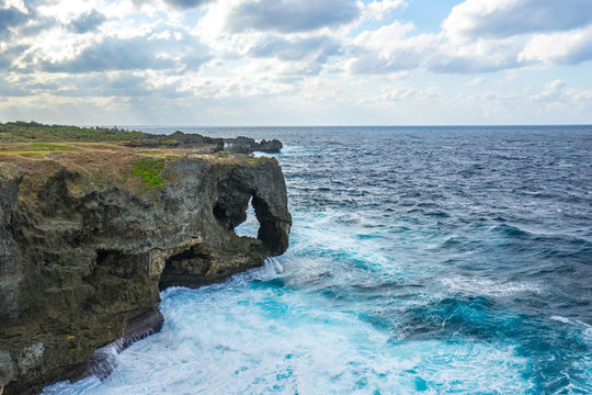 Cape Manzamo a scenic rock formation on Okinawa Island, Japan