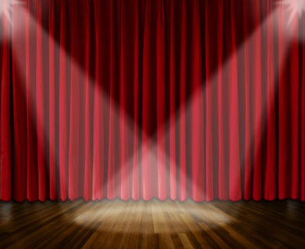 Background. lighting on stage. red curtain and wooden floor interior background. Interior template for product display, interior theater, interior stage background
