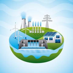 differents resources hydro dam panel solar power plant - renewable energy vector illustration