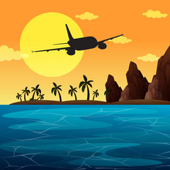Background scene with airplane flying over ocean