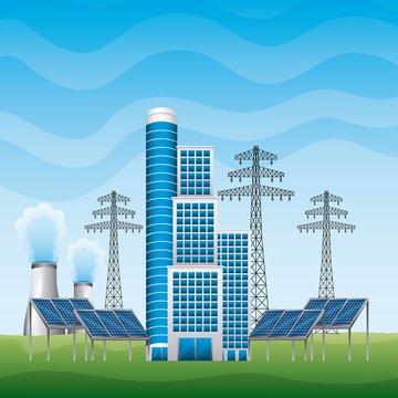smart building panel solar and electricity pylons power plant - renewable energy vector illustration