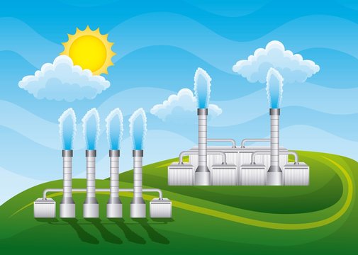 landscape power geothermal station with chimneys - renewable energy vector illustration