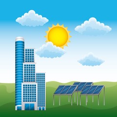 landscape buildings and panel solar sustainable electricity - renewable energy vector illustration