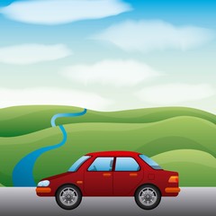 Fototapeta na wymiar red car on road and landscape river vector illustration