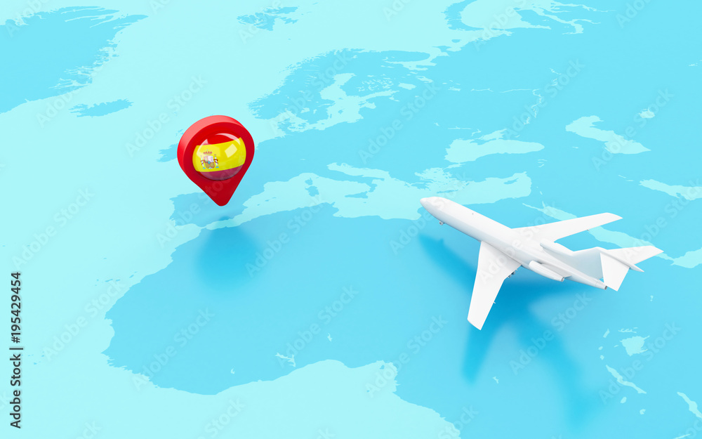 Poster 3d airplane flying and map pointer with spain flag.