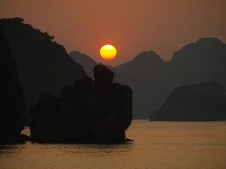 Sunset over the peaks of Halong Bay