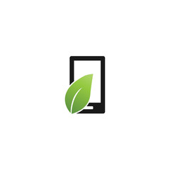 Abstract mobile phone and green leaf logo and icon design template