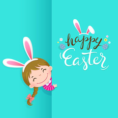 Happy Easter greeting card with cute girl