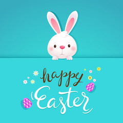 Happy Easter greeting card with white rabbit and eggs. Easter bunny